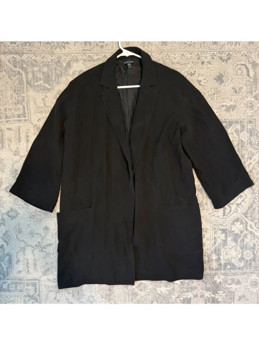 Eileen Fisher 100% Silk Long Open Elbow Sleeve Black Jacket Medium Quiet Luxury